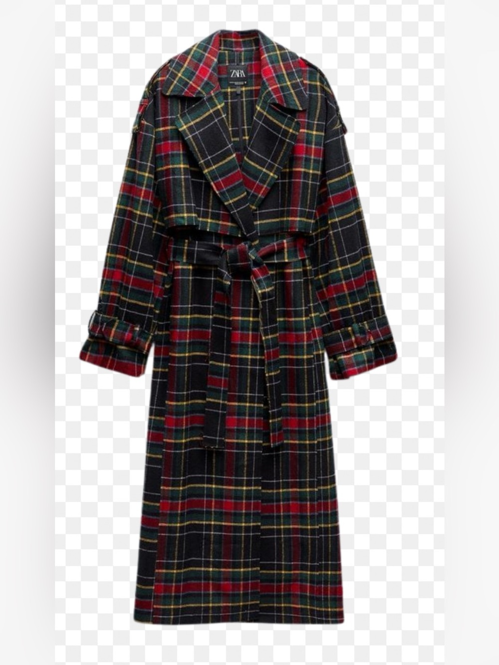 Zara Wool Plaid Long Belted Trench Coat with Red and Green Accents